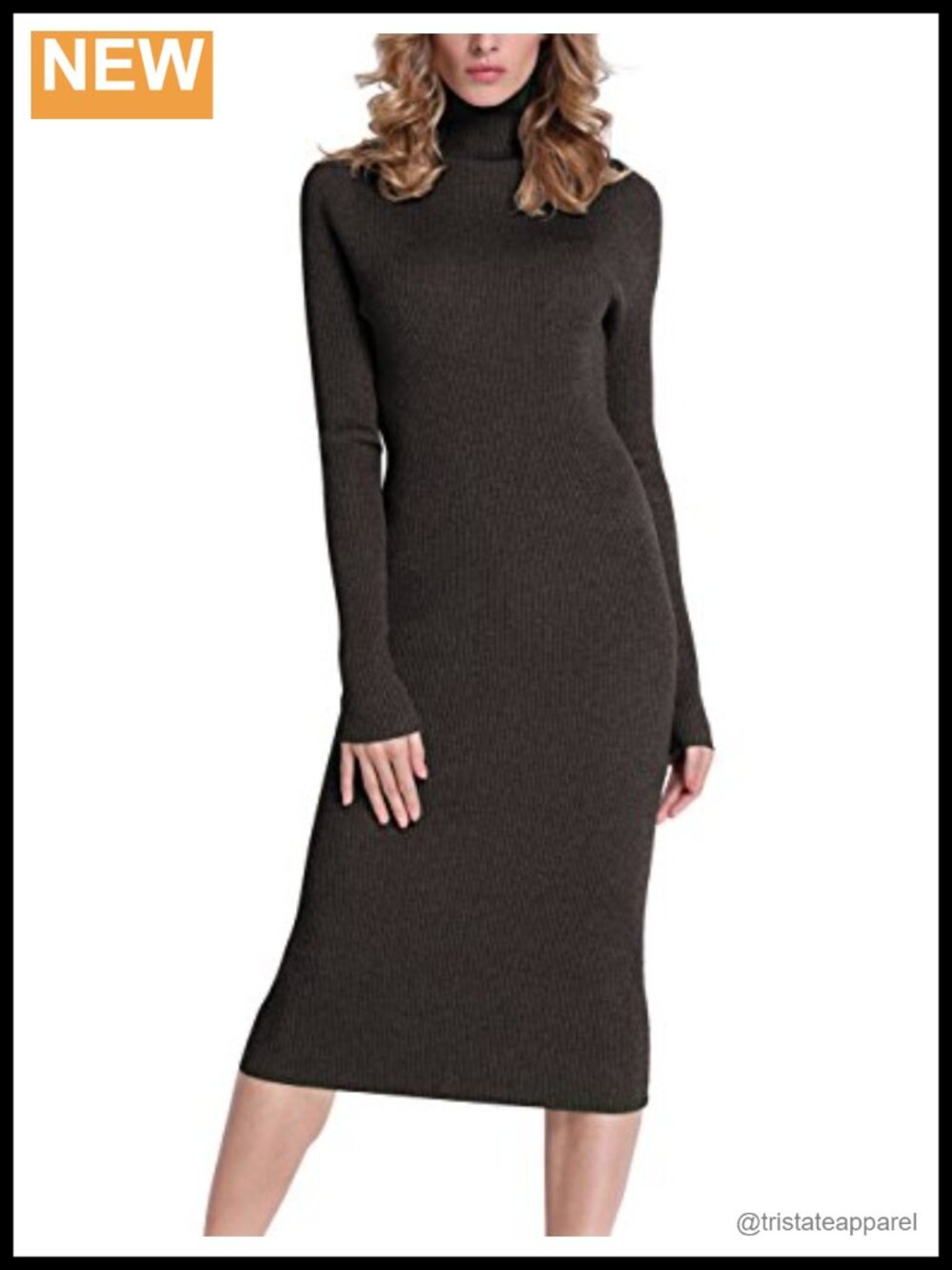 Turtleneck Ribbed Long Sleeve Knit Midi Sweater Dress
